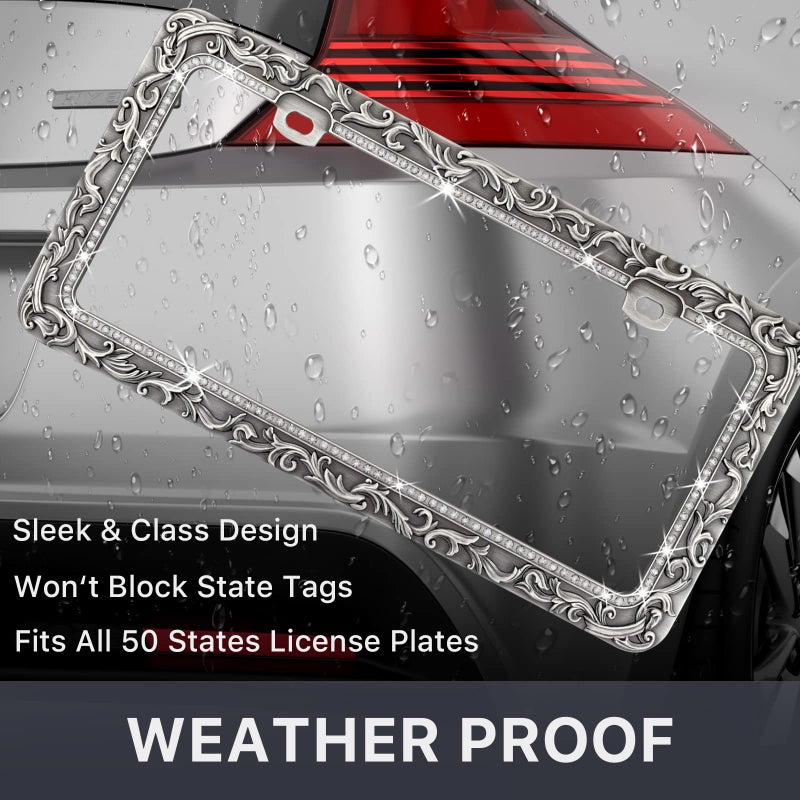 Valor Gel Metal Car License Plate Frames,Antique Old Pattern Printing, Bling Crystal Rhinestones Inlaid,Universal 2 Holes Automotive Replacement Parts Plate Holder(1 Pack) - Image 3